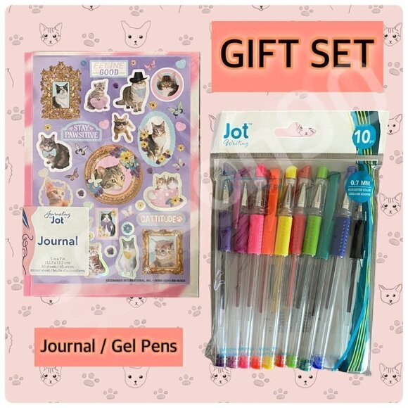 JOT 5x7 Journal w "Feline Good CATS" Sticker Pack / JOT 10-Pc Gel Pens SET - Picture 5 of 9